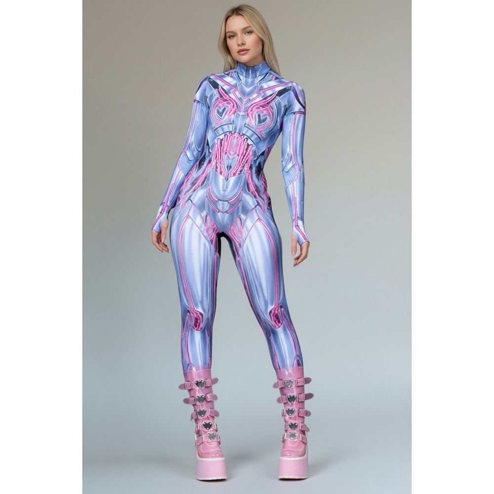 New Medium Electric Spandex Jumpsuit Catsuit Rave Illusion Cute Pastel Cyberpunk